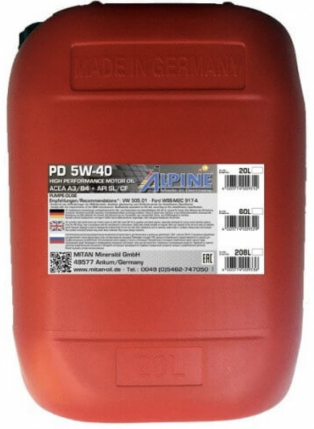 Масло моторное синтетическое Alpine PD 5W-40 канистра 20 литров, артикул 0100163 фото 1