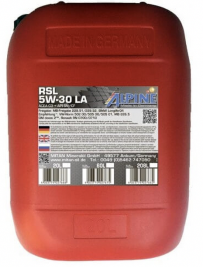 Масло моторное синтетическое Alpine RSL 5W-30 LA канистра 20 литров, артикул 0100303 фото 1