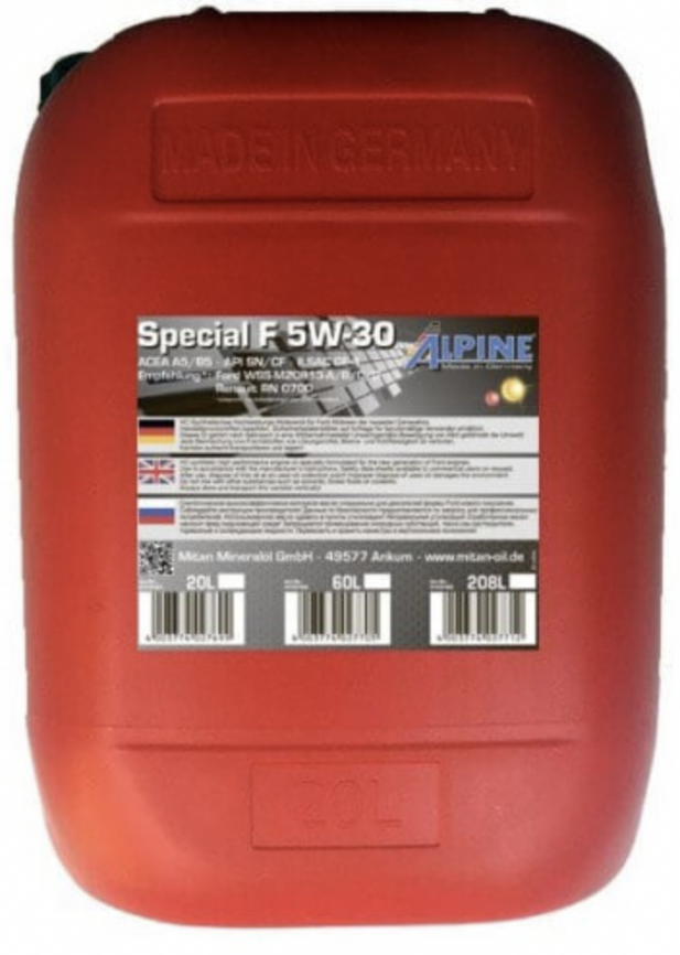 Масло моторное синтетическое Alpine Special F 5W-30 канистра 20 литров, артикул 0100183 фото 1