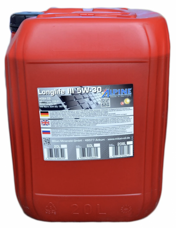 Масло моторное синтетическое Alpine Longlife III 5W-30 канистра 20 литров, артикул 0100283 фото 1