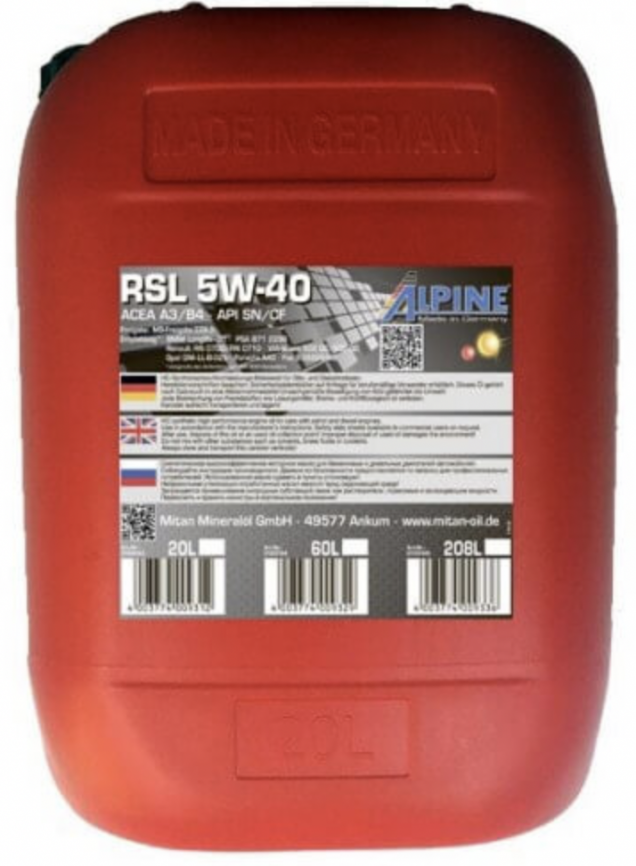Масло моторное синтетическое Alpine RSL 5W-40 канистра 20 литров, артикул 0100143 фото 1