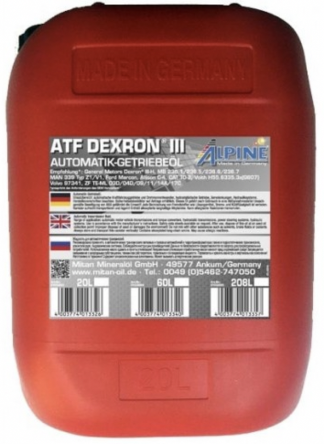 Масло трансмиссионное для АКПП Alpine ATF DEХRON III канистра 20 литров, артикул 0100663 фото 1